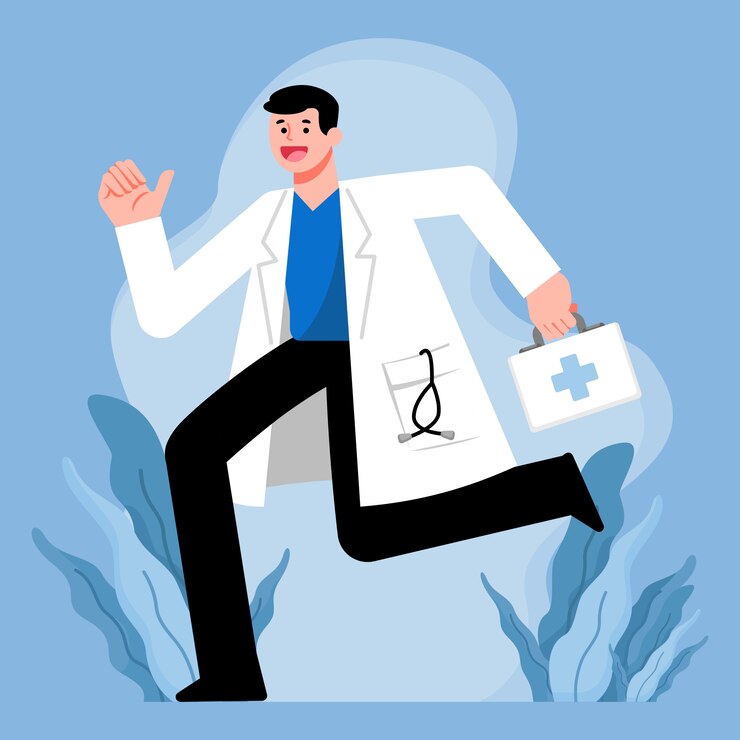 Medisch, gezondheidszorgconcept, Arts die met eerste hulpdoos lopen, het ontwerp van het illustratiekarakter.
