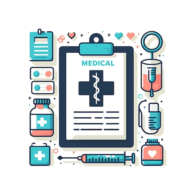 Medisch instrument en element met zakinjectie vlakke achtergrondvectorillustratie