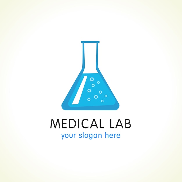 Medisch lab 3D-logo Blauw water in laboratoriumkolf Vector branding teken test wetenschappelijke onderzoeken