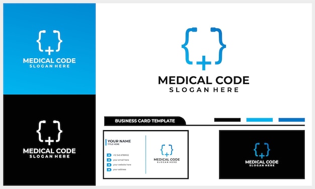 Medisch logo-ontwerp met coderingspictogramconcept en visitekaartjesjabloon