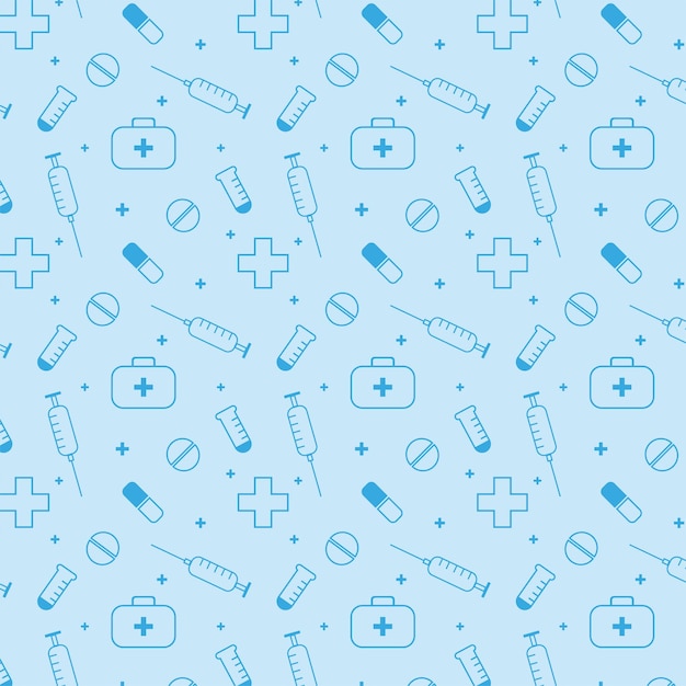 Medisch patroon met afbeeldingen van een spuit EHBO-kit pillen kruis en reageerbuizen