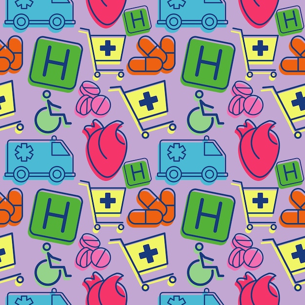 Vector medisch patroon met kleurelementen van pillen hartkar ambulance ziekenhuisteken en merkteken van gehandicapte persoon