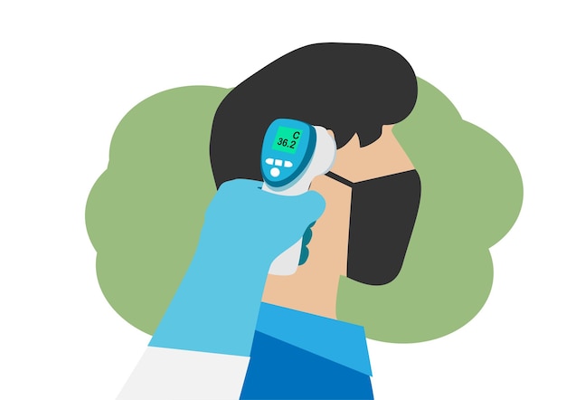 Medisch personeel gebruikt infrarood voorhoofdthermometer om de lichaamstemperatuur te controleren Covid19-uitbraakconcept Vlakke stijl cartoon illustratie vector