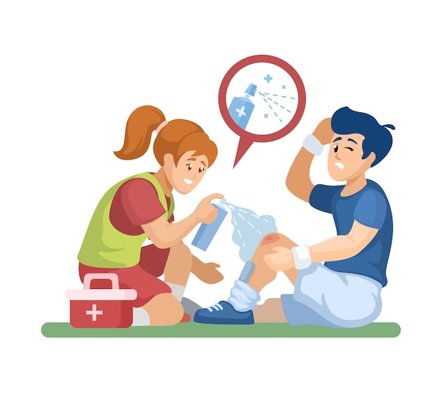 Medisch personeel gebruikt spray voor blessures voetballer sportactiviteit cartoon illustratie vector