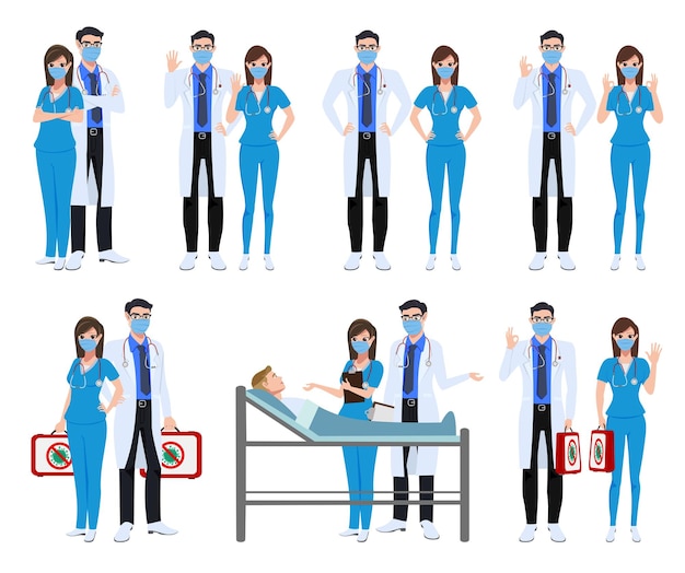 Vector medisch personeel set karakter vector concept ontwerp covid19 ziekenhuis arts en verpleegster tekens