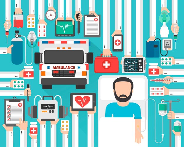 Medisch plat conceptontwerp met ambulance en patiënt Vectorillustratie