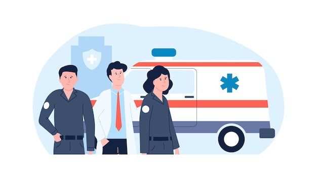 Vector medisch team ambulance artsen en ziekenhuiswerker reanimatie eerste hulp auto dokter op het werk noodwerkers vector ondersteuning vector personages geneeskunde dokter medische ambulance auto illustratie