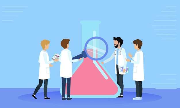 Medisch team dat chemische vloeistof in een laboratoriumkolf met behulp van een vergrootglas analyseert