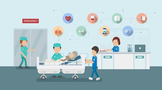 Medische dienst met arts en kritische patiënt in bed platte ontwerp vectorillustratie