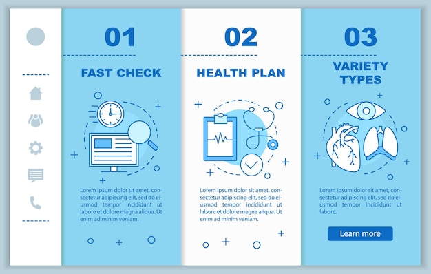 Medische diensten onboarding mobiele webpagina's vector sjabloon diagnose medisch onderzoek gezondheidszorg en geneeskunde responsieve smartphone website-interface webpagina walkthrough stap schermen kleur concept