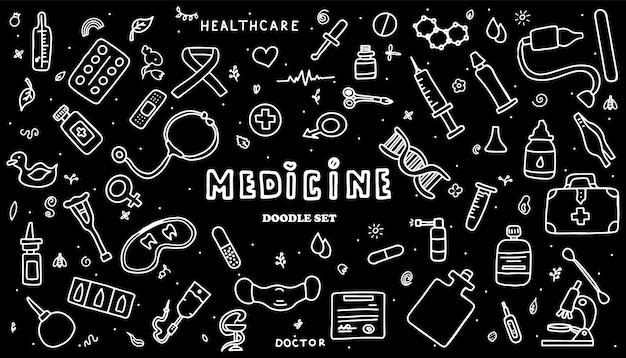 Medische doodle poster met medicijnen reageerbuisjes en een thermometer grote apotheek set sjabloon voor een a...