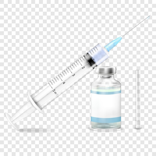 Vector medische flesjes, ampul voor injectie met een spuit, vector 3d-realistische fles en spuit. coronavirus vaccin, botox, fillers, injecties