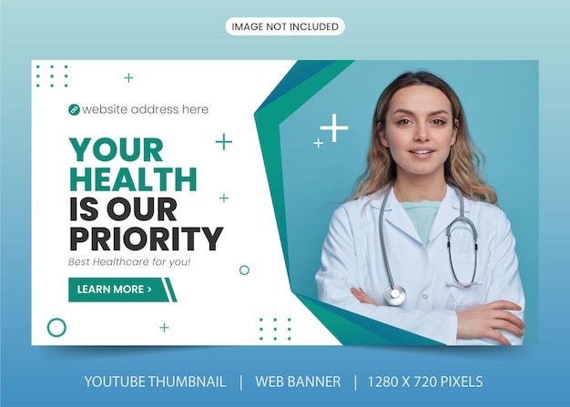Medische gezondheidskliniek Youtube-miniatuur en webbannerontwerp vector Premium-sjabloon