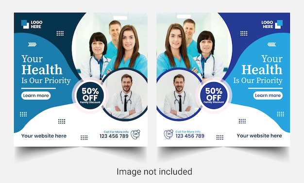 Medische gezondheidszorg social media post en webbanner ontwerpsjabloon.