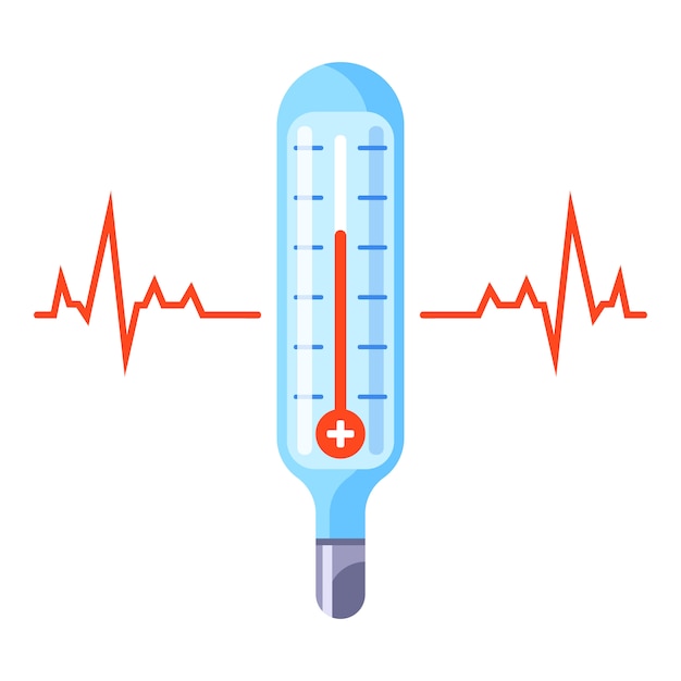 medische glazen thermometer. verhoogde menselijke temperatuur. vlakke afbeelding.