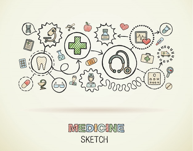 Medische hand tekenen geïntegreerde icon set op papier. Kleurrijke schets infographic illustratie. Verbonden doodle kleurenpictogrammen, gezondheidszorg, arts, geneeskunde, wetenschap, apotheek interactief concept