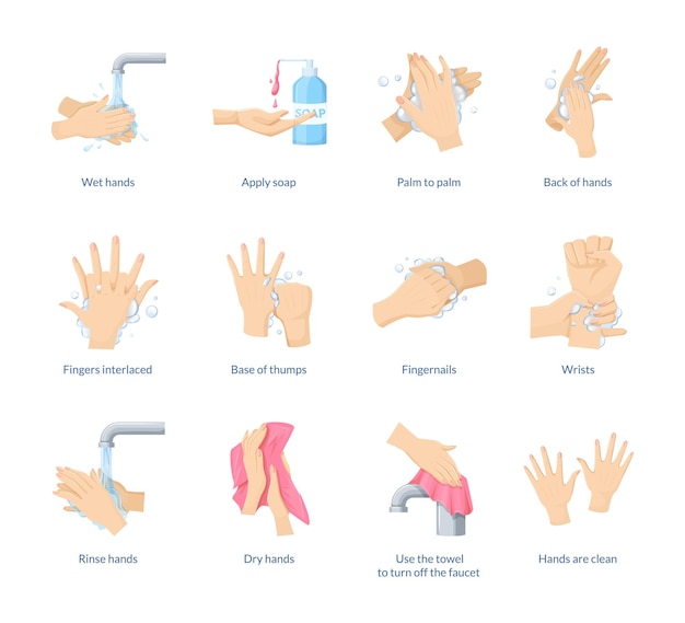 Vector medische instructie stadia goede verzorging van handen wassen, preventief onderhoud van bacteriën, virus