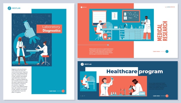 Medische laboratoriumonderzoeken en diagnosebanners platte vectorillustratie