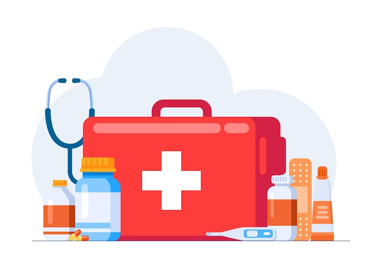 Vector medische medische check-up gezondheidszorg ehbo-concept apotheek geneeskunde platte illustratie vector banner achtergrond