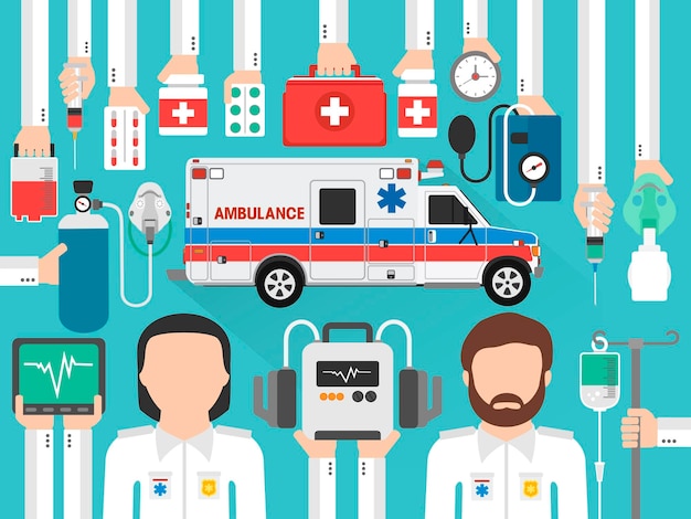 Medische paramedicus met ambulance plat ontwerp Vectorillustratie