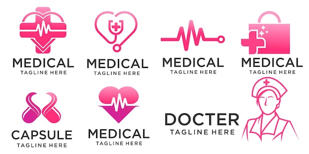 Medische pictogrammenset logo ontwerpsjabloon met verpleegster liefde pillen en stethoscoop