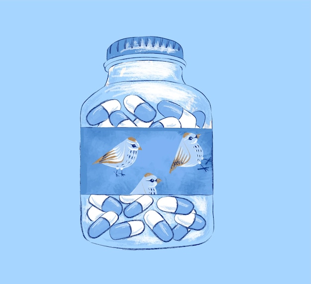 Medische pot met vitamines met vogels met de hand getekende illustratie op een blauwe achtergrond