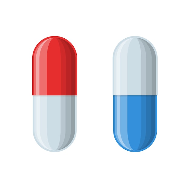 Medische rode en blauwe capsules geïsoleerd op een witte achtergrond. Apotheek en drugs symbolen. Pictogrammen van pil. Medische vectorillustratie.