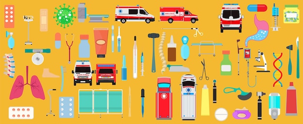 Medische set gezondheidspictogram en geneeskunde zorg symbool Ambulance spuit dokter teken en ziekenhuis ontwerp