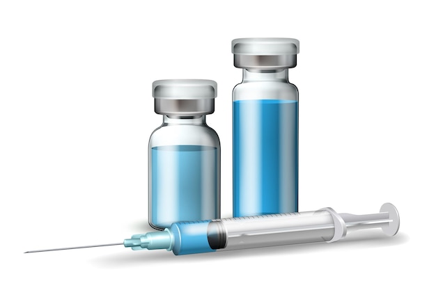 Medische spuit met blauwe vloeistof en medicijnampullen en flesjes vaccinatie immunisatie concept