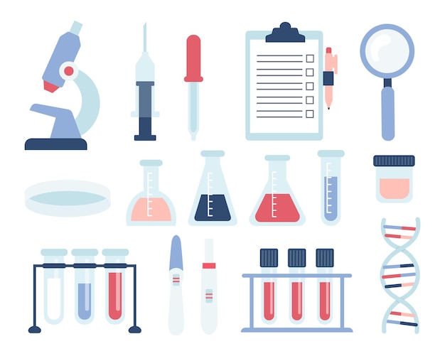 Medische testset van elementen testbuizen microscoopkolven dna-test