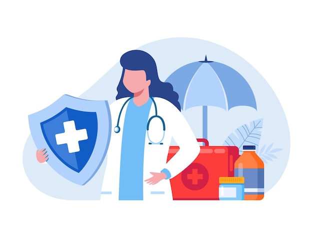 Medische verzekering ziektekostenverzekering bescherming concept paraplu gezondheidszorg bestemmingspagina platte illustratie vector sjabloon banner