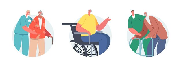 Medische zorg voor ouderen geïsoleerde pictogrammen Medics helpen oude mensen met een handicap in verpleeghuis of kliniek maatschappelijk werker personeel zorg voor zieke senioren leeftijd Man op rolstoel Cartoon vectorillustratie
