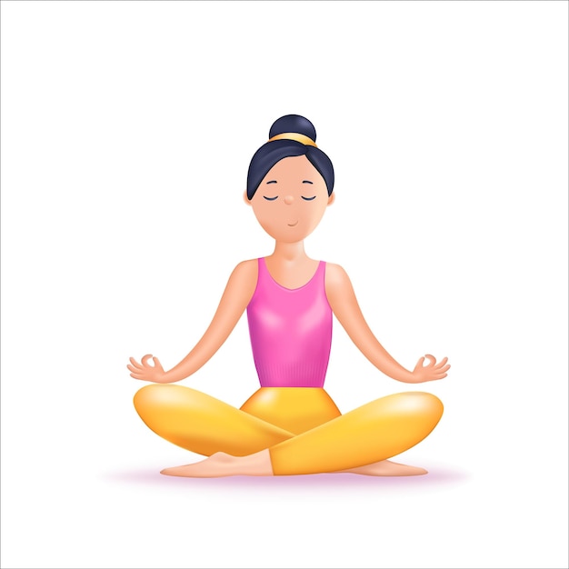 Meditatie 3D illustratie Gelukkig kalm Vrouw mediteren Zen yoga meditatie ontspannen recreatie gezonde levensstijl Harmonie en evenwicht leven Psychologie zelfzorg 3D-vector