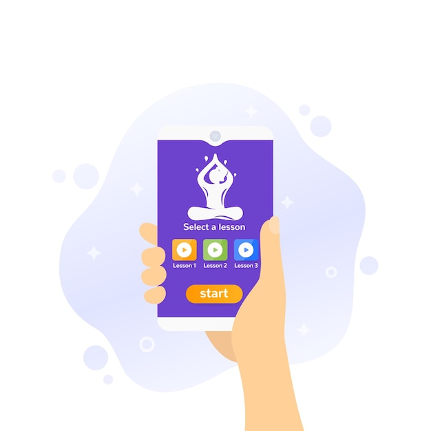 Meditatie app-ontwerp, telefoon in de hand, vector