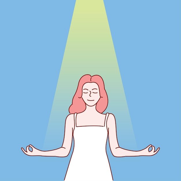 Vector meditatie concept. jonge vrouw ontspannen met gesloten ogen staan. hand getrokken stijl vector illustrat