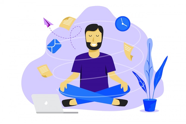 Vector meditatie man op het werk. bedrijfs werkend ontwerpconcept