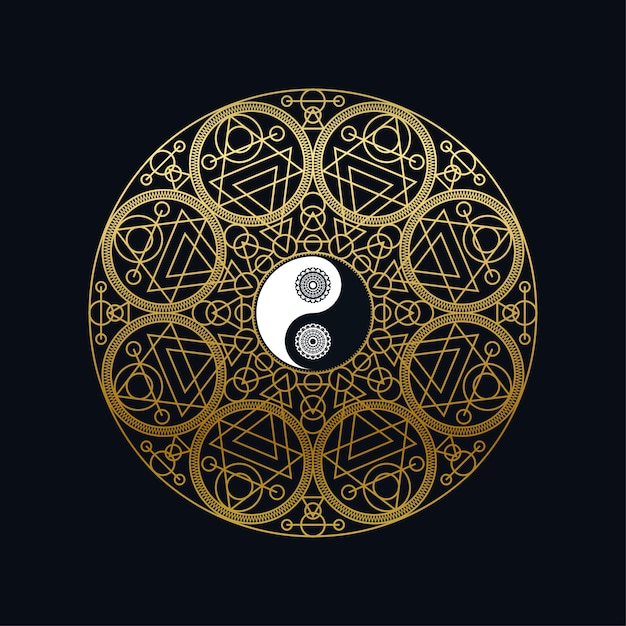 Meditatie pictogrammalplaatje met gouden yin yang teken in mandala overzicht op zwarte achtergrond lineaire vectorillustratie. traditioneel oosters symboolontwerp. aziatische cultuur en evenwichtsconcept