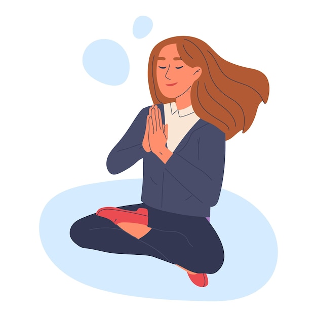 Donna d'affari in meditazione rilassante impiegato in posa di loto pacifica tranquilla impiegata femminile che pratica yoga illustrazione vettoriale piatta isolata su sfondo bianco