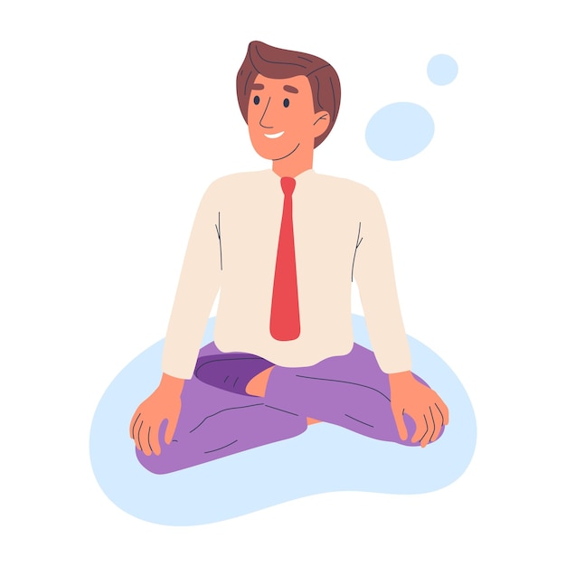 瞑想するサラリーマン 蓮のポーズでリラックスしたビジネスマン 静かな平和な男性従業員 ヨガ フラット漫画ベクトル イラスト白背景に分離を練習