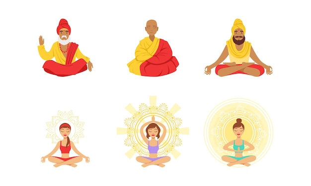 Meditating People in Yoga Lotus Poses Set Yogi Men Girl Practicing Yoga in Studio Vector Illustration