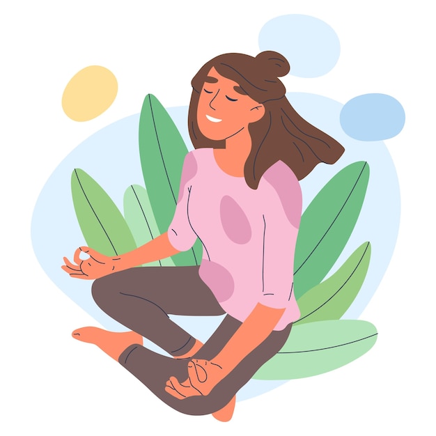 Vector meditating person in lotus pose calm mindful yoga meditation woman breath and balance training flat vector illustration on white background