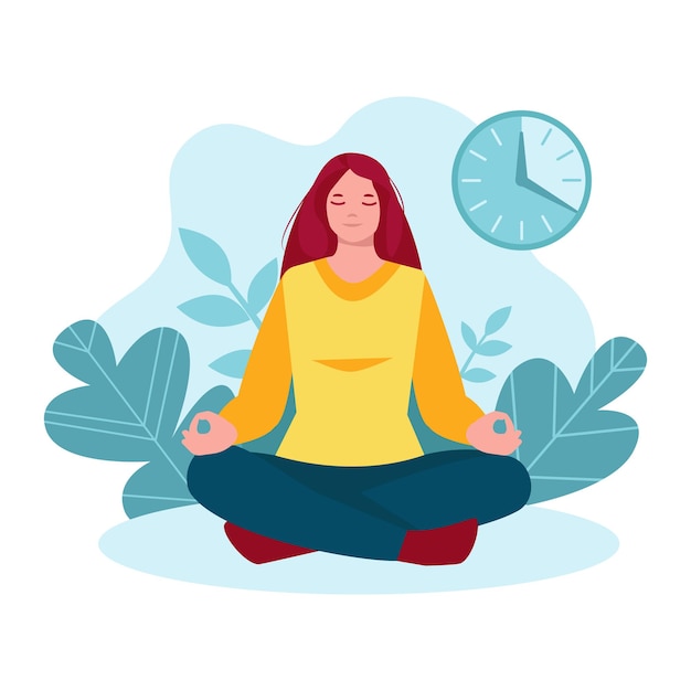 Meditating woman girl in nature against the background of leaves plants clock timer