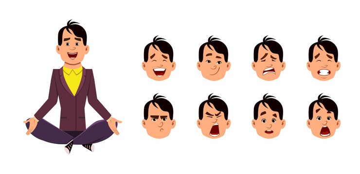 Vector meditating  and yoga posture in  young man sitting. young man character with different type of facial expression .