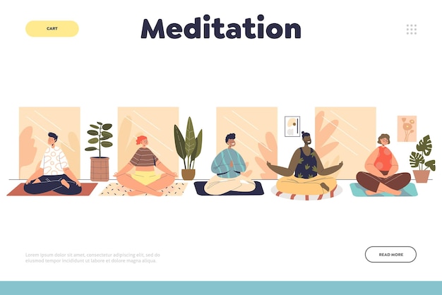 Концепция медитации целевой страницы с медитирующими людьми молодые мультяшные мужчины и женщины практикуют йогу