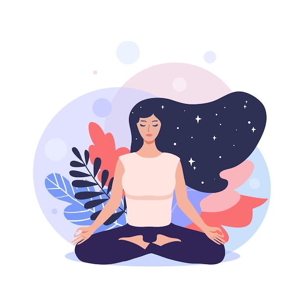 Concetto di meditazione. donna graziosa di yoga nella posa del loto. illustrazione vettoriale.