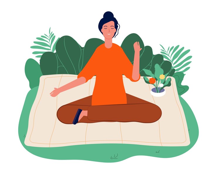 Vector meditation concept. relaxing outdoor yoga, woman sitting on nature and meditating. mind and emotions control, wellbeing and contemplation illustration.