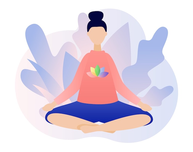 Meditation concept tiny woman sitting in lotus pose yoga online relax recreation healthy life