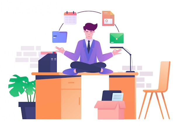 Meditation on desk flat illustration