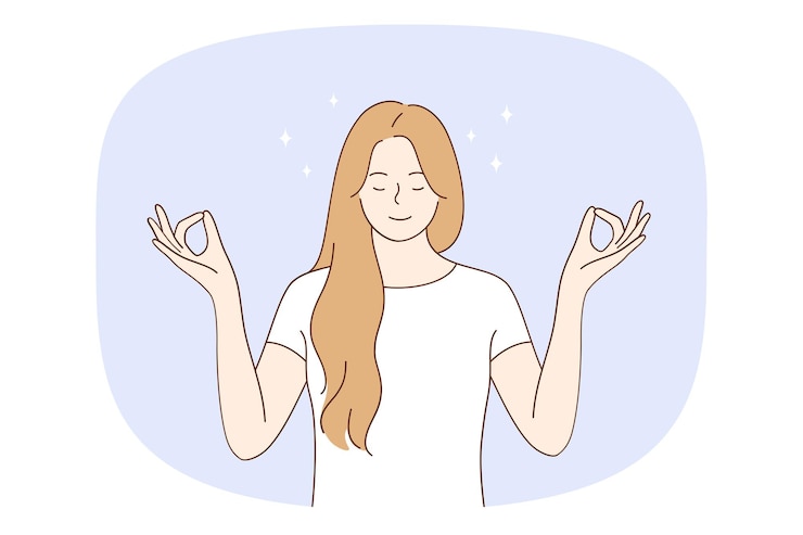 Vector 명상과 조화 개념 얻기 눈을 감고 서서 명상하고 마음과 몸 벡터 삽화로 균형을 잡는 젊은 편안한 여성