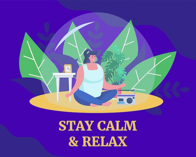 Vector meditation help stay calm and relax,  illustration. woman in yoga pose, meditating and care about health during quarantine.